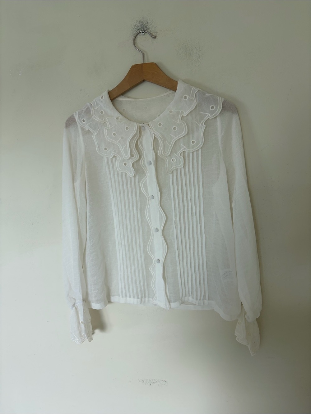 vintage blouse features a sheer white fabric and a large embroidered lace Pet